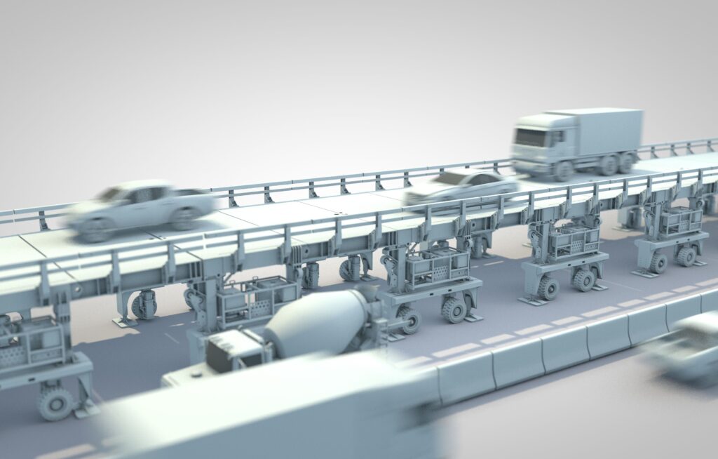Візуалізацыя ASTRA-Bridge, мабільнай дарожкі для будаўнічых пляцовак, створанай Федэральным дарожным упраўленнем