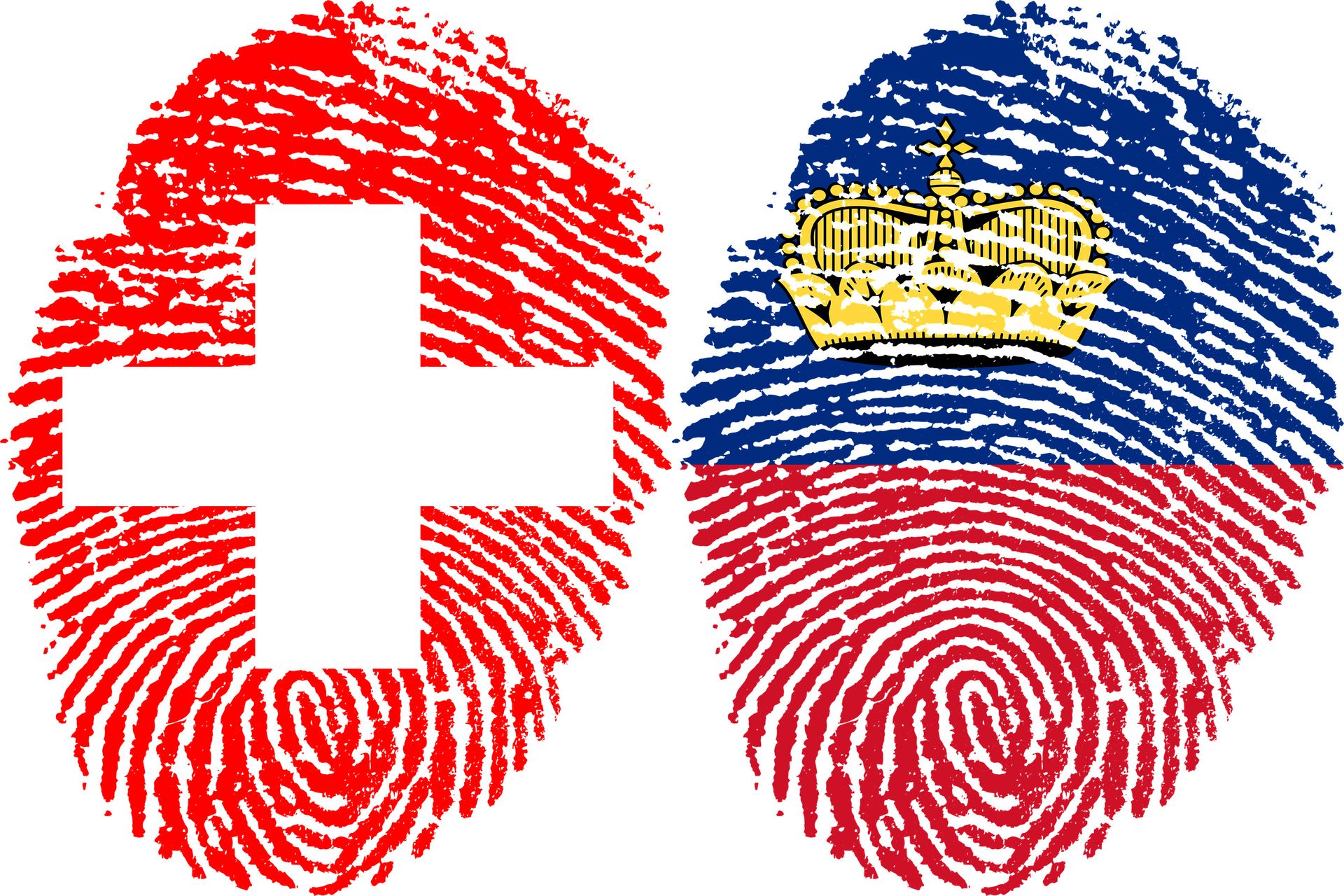 Fingeravtryck som föreställer Schweiziska edsförbundets och Furstendömet Liechtensteins flaggor