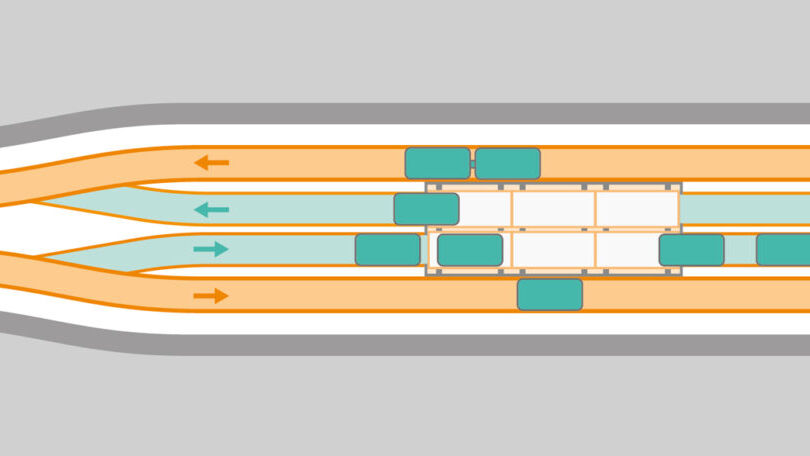 Infografica di un tunnel di collegamento e di una stazione di smistamento di Cargo Sous Terrain