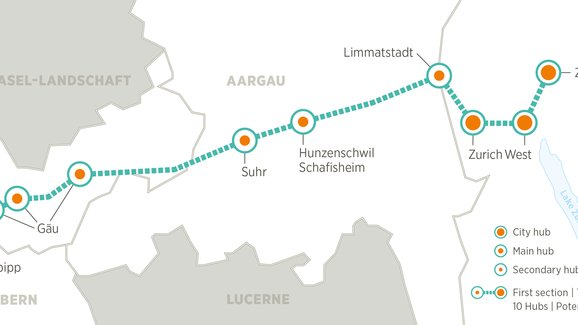 Infografica di dettaglio dei collegamenti di Cargo Sous Terrain nel tratto iniziale da Härkingen-Niederbipp a Zurigo