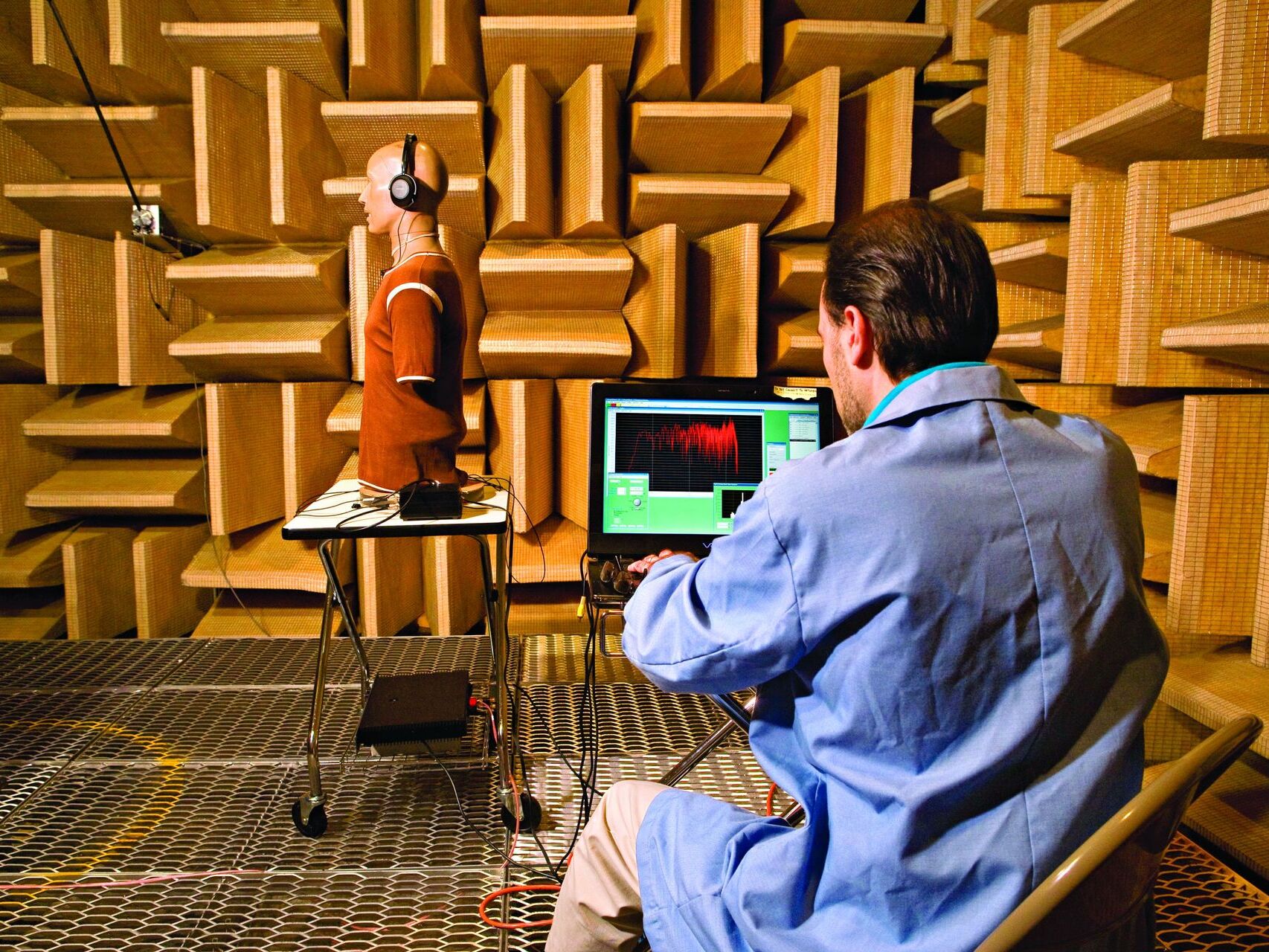 Testing a pair of headphones inside an anechoic chamber