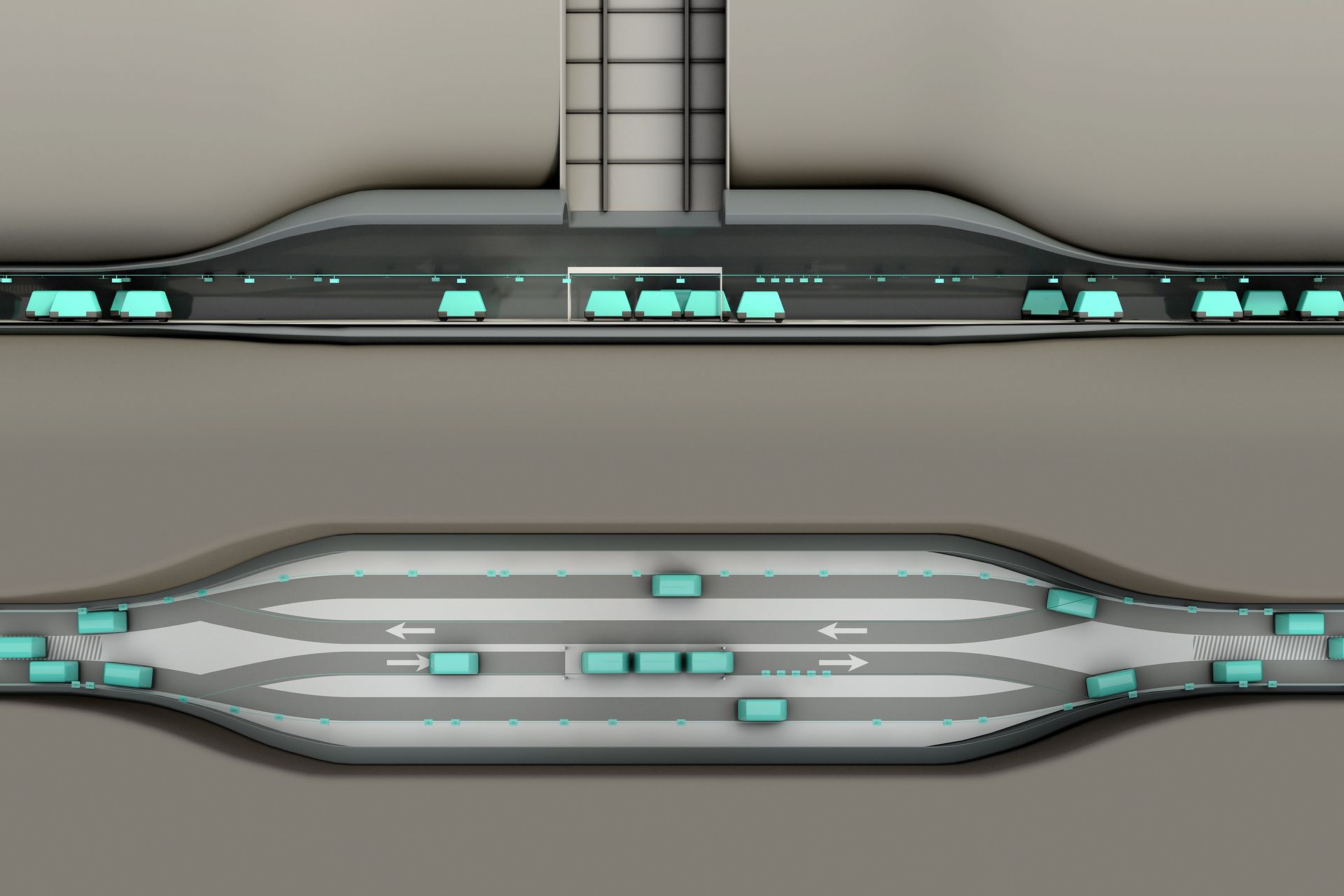 Simulazione in 3D dell'ascensore verticale di carico e del tunnel orizzontale di movimentazione delle merci di Cargo Sous Terrain