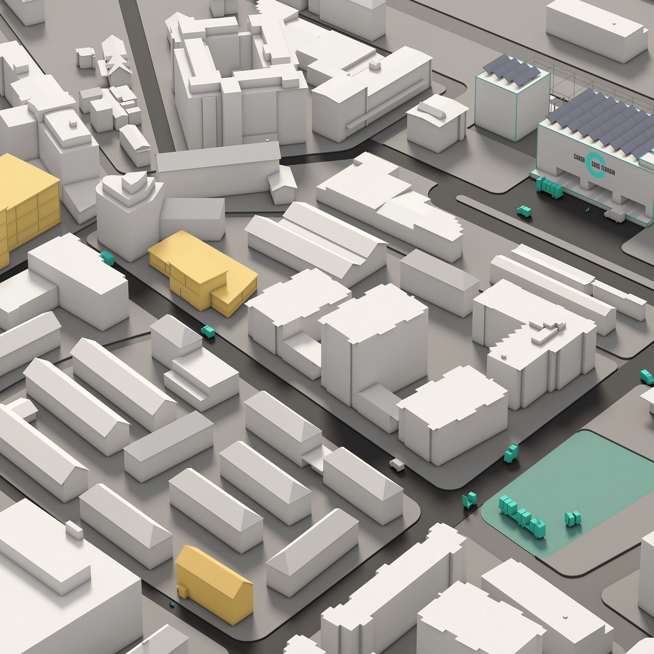 Simulazione in 3D di tutta la connessione logistica di città di Cargo Sous Terrain