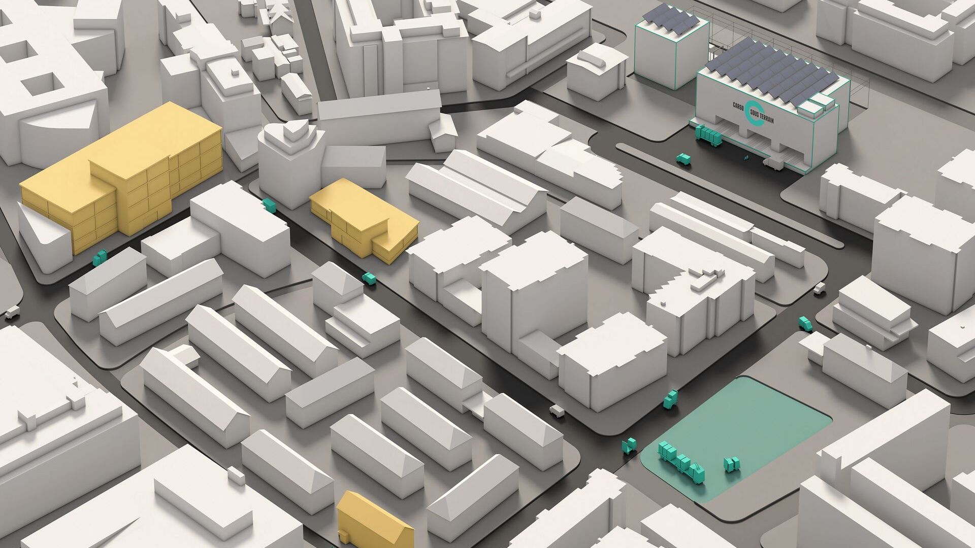 Simulazione in 3D di tutta la connessione logistica di città di Cargo Sous Terrain