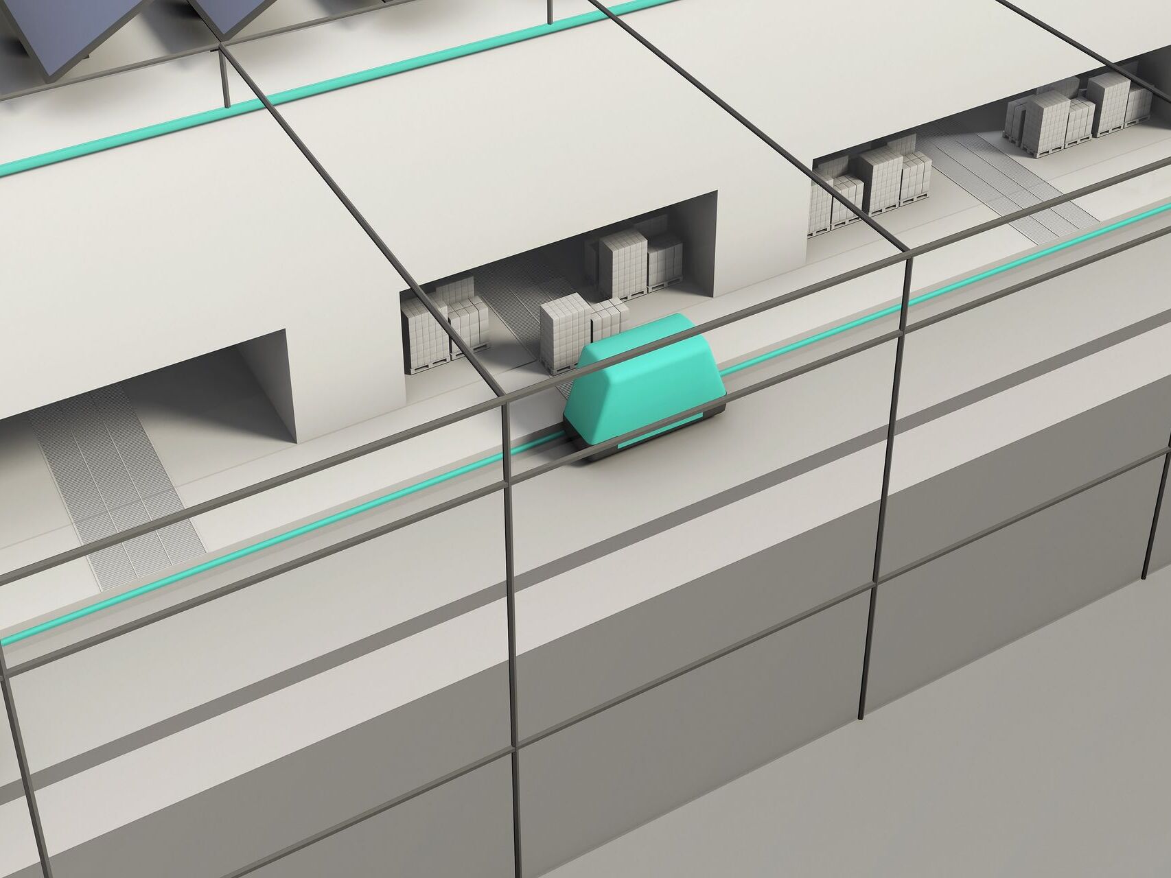 Simulazione in 3D di un dettaglio dell'Hub e di parte della connessione logistica di Cargo Sous Terrain