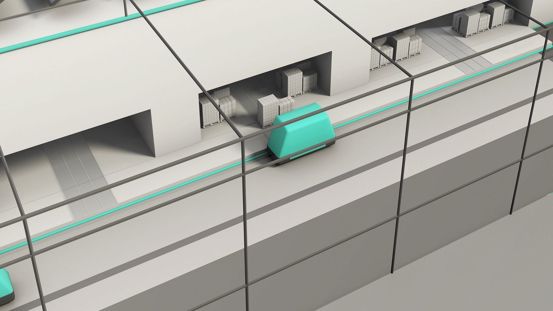 Simulation 3D d'un détail du Hub et d'une partie de la connexion logistique Cargo Sous Terrain