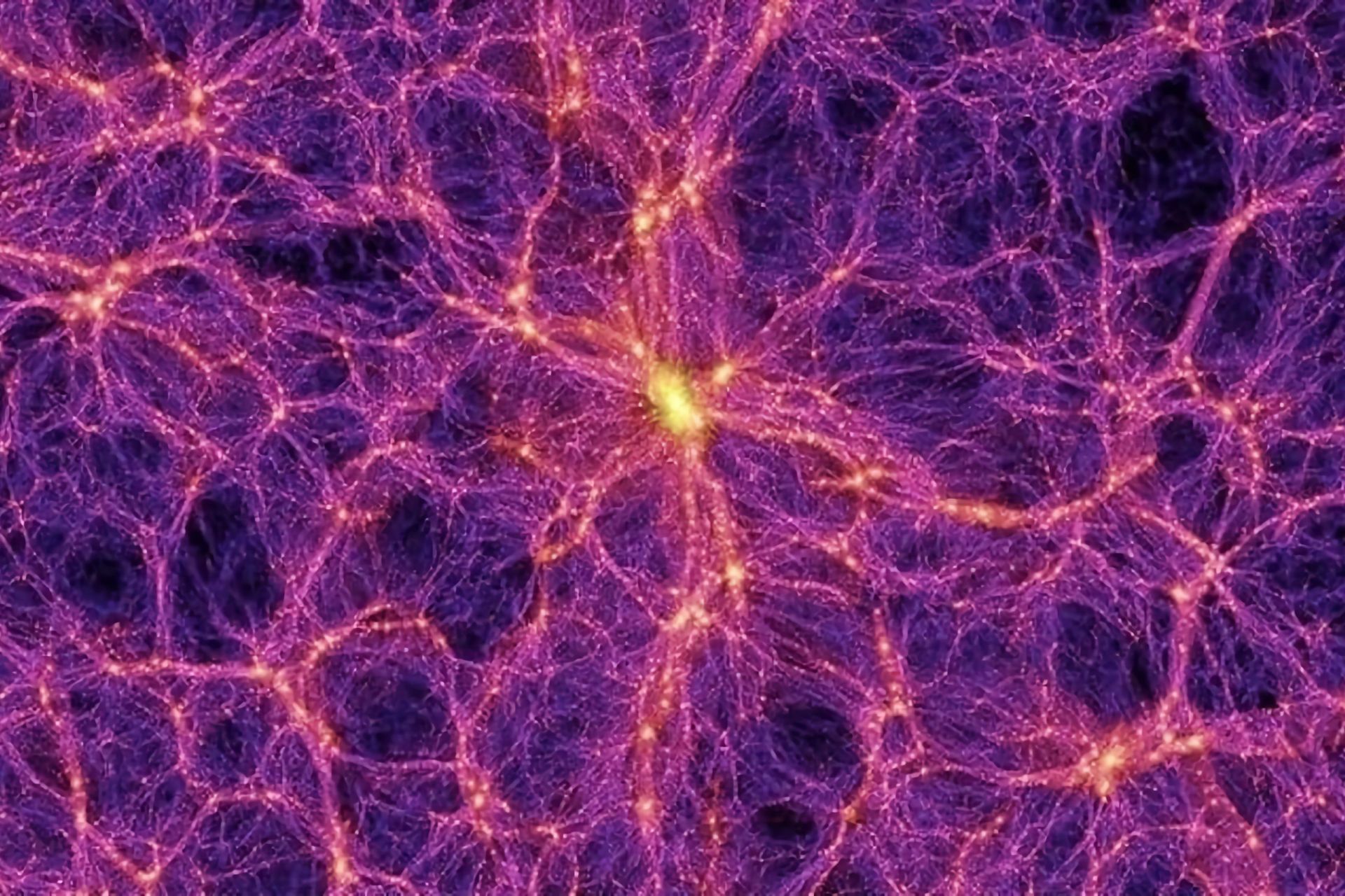 Ecco la “Rete Cosmica”, o “Cosmic Web”, la struttura generale del nostro universo, qui simulata da un supercomputer tenendo conto anche di materia ed energia oscura. Colpisce quanto assomigli alla struttura cellulare di un cervello: è il caos, bellezza!