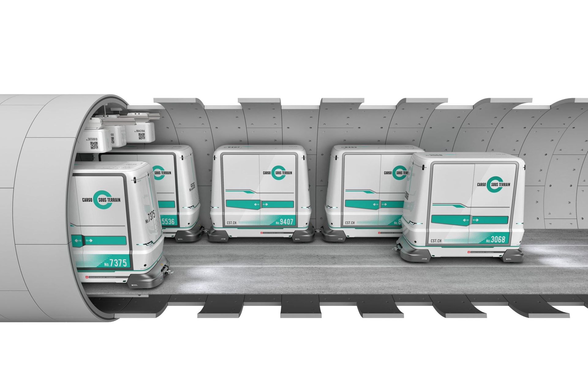 Infographic of the horizontal section of one of the Cargo Sous Terrain connecting tunnels