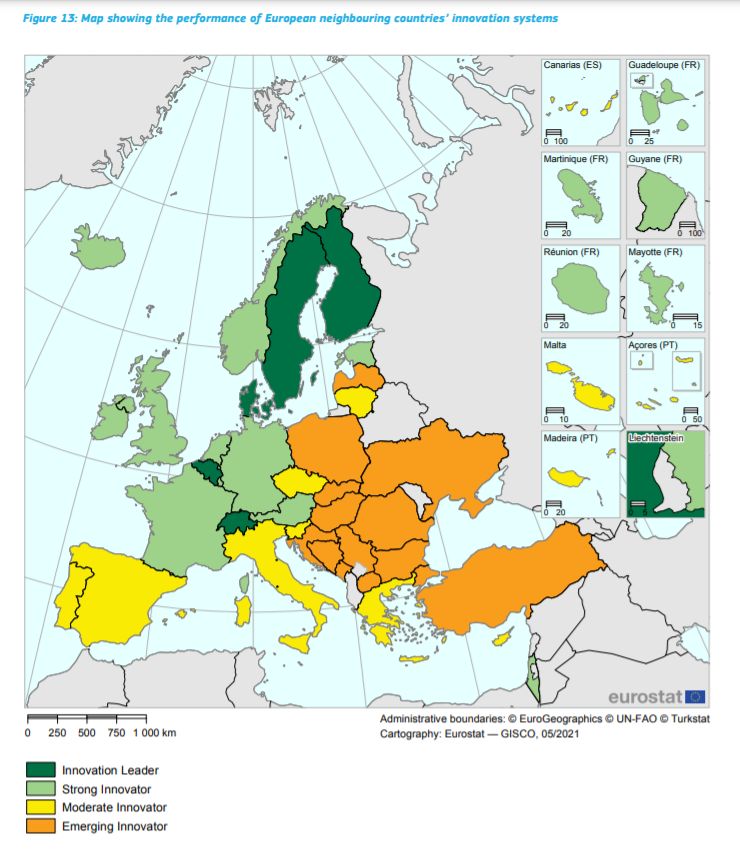 La mappa 2021 del grado di innovazione dei Paesi d'Europa