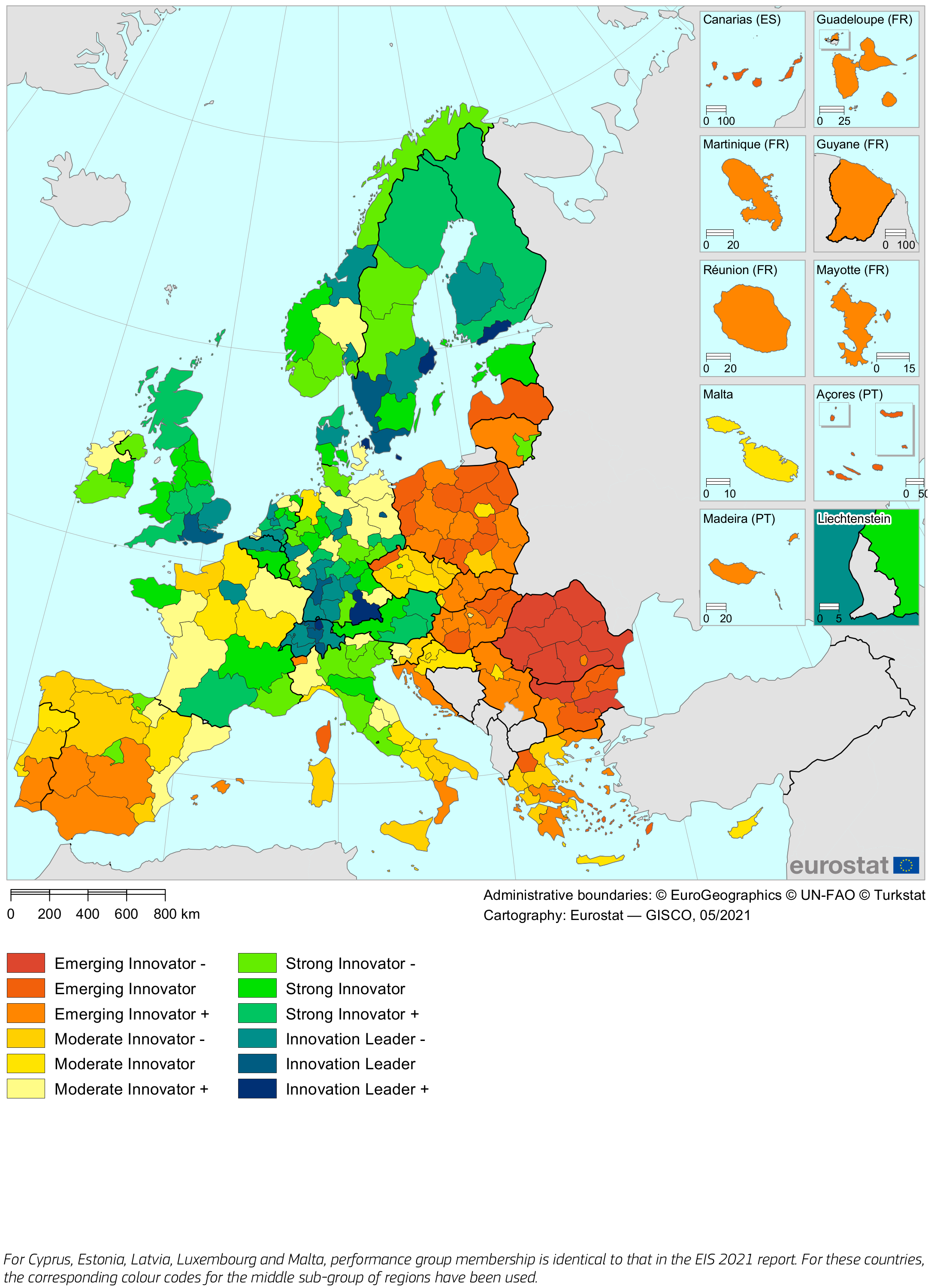 La mappa 2021 del grado di innovazione delle regioni d'Europa