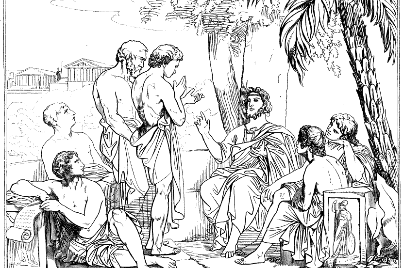 Una lezione di Platone nella propria accademia in un disegno del pittore svedese Carl Johan Wahlbom
