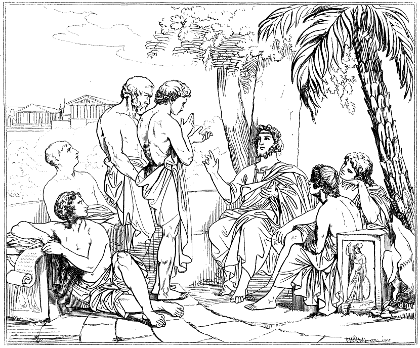 Una lezione di Platone nella propria accademia in un disegno del pittore svedese Carl Johan Wahlbom