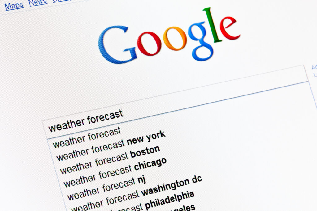 Pesquisando previsões do tempo no Google no idioma inglês