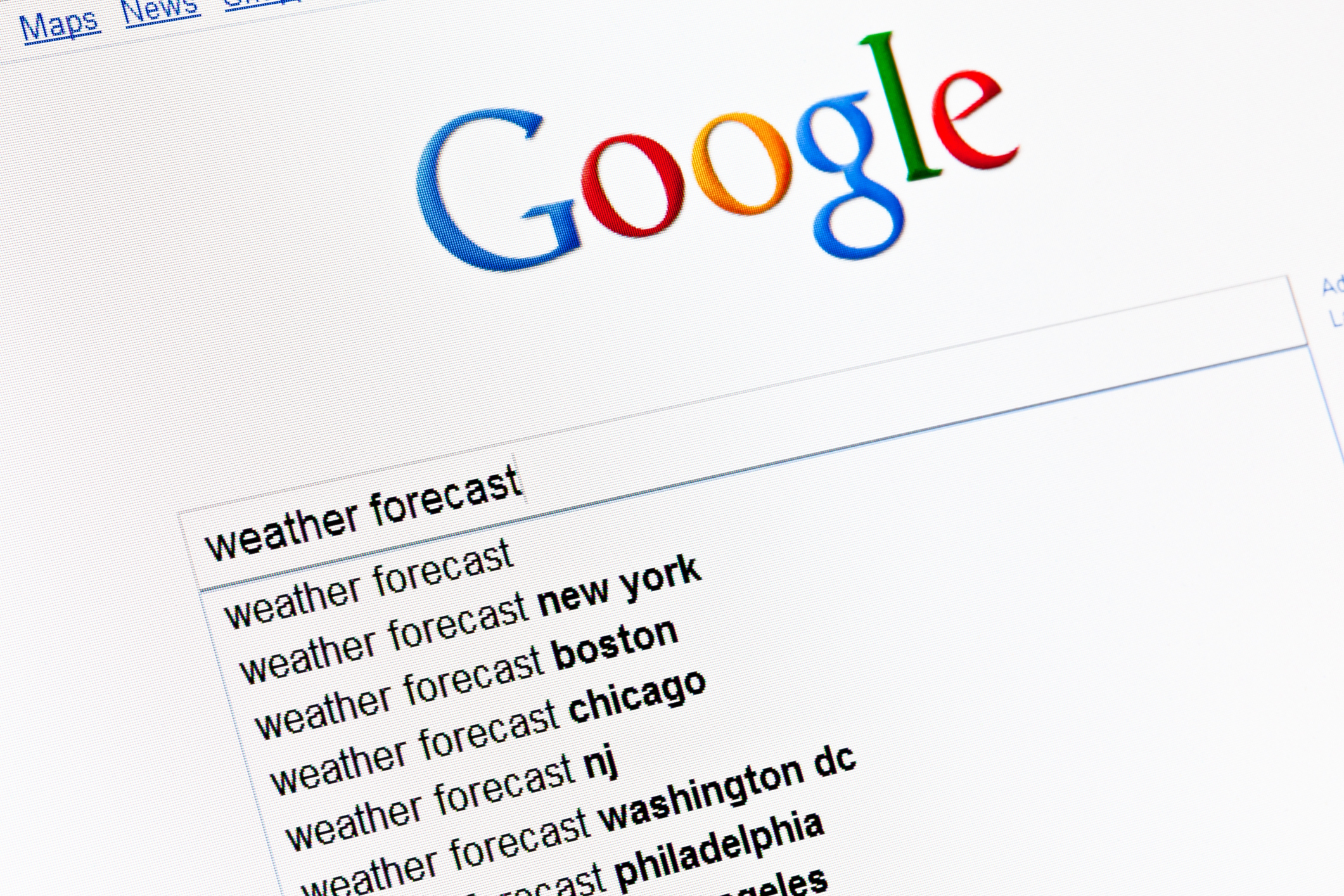 La ricerca di previsioni meteorologiche su Google in lingua inglese