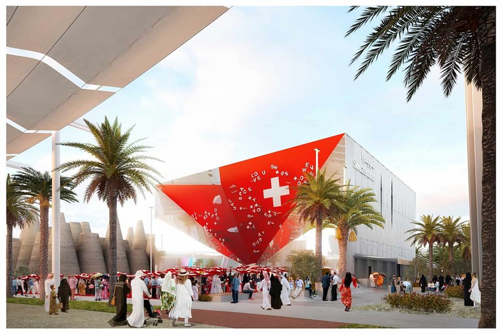 Il rendering della vista frontale del Padiglione Svizzero all'Expo Dubai 2020