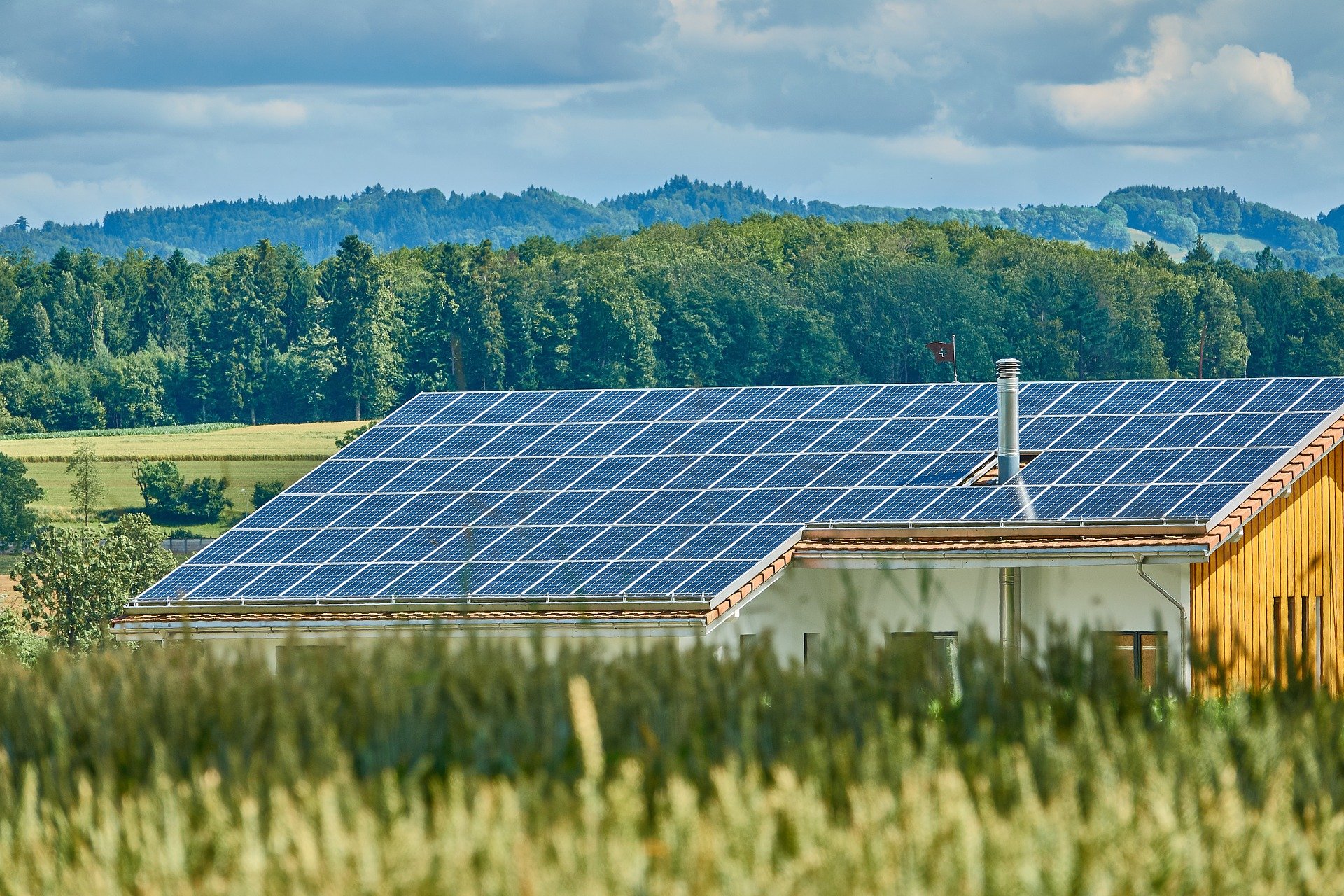 Päikesepatareid, mis on paigutatud rohelus asuva tootmistehase katusele