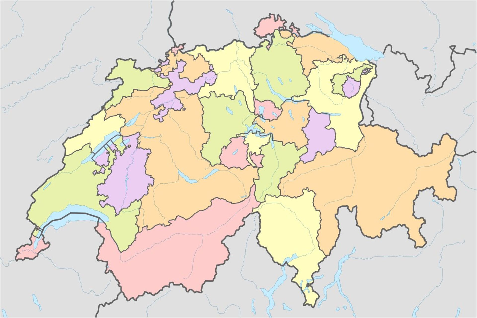 I confini amministrativi fra i 26 Cantoni della Confederazione Elvetica