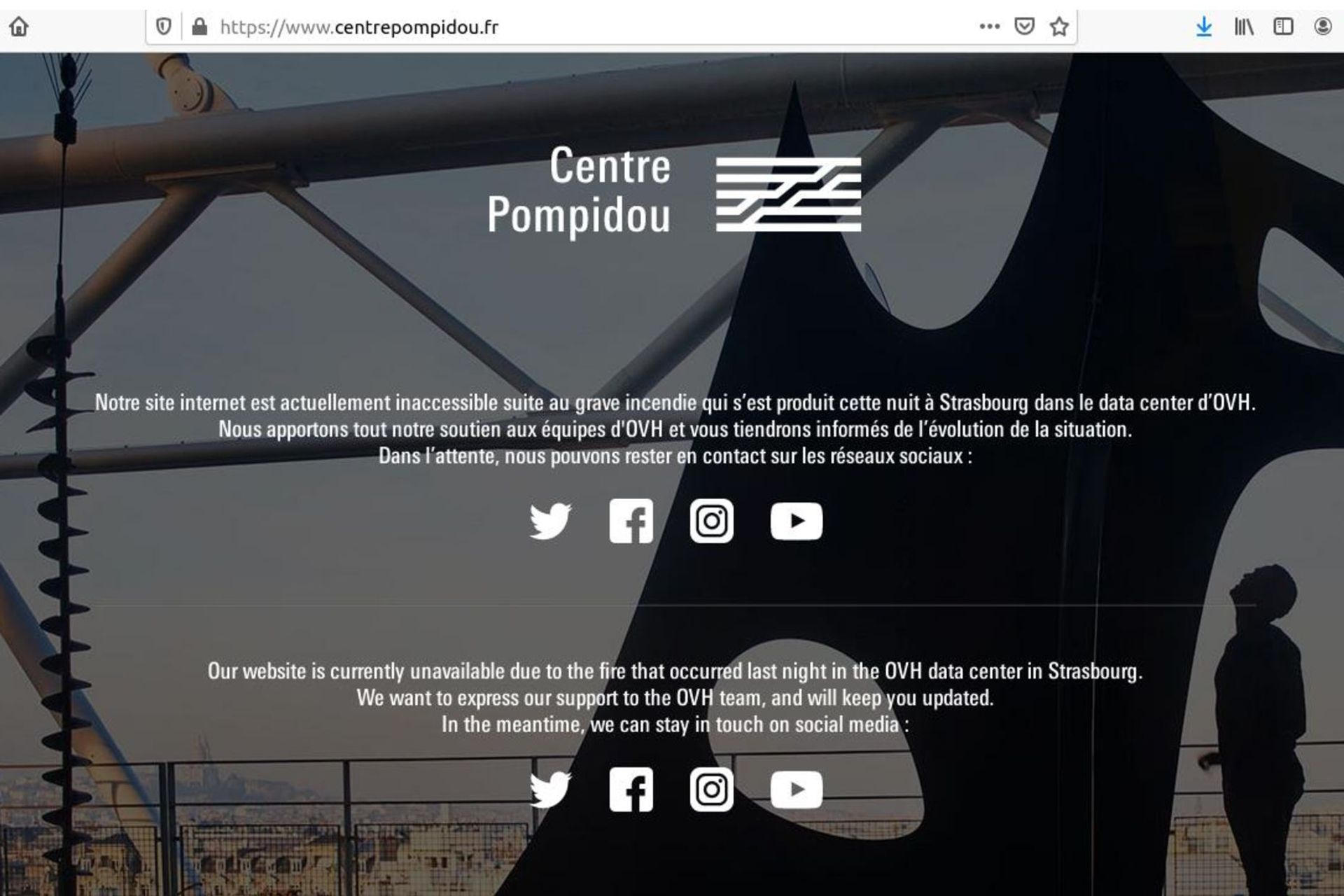 Il sito del Centro Pompidou di Parigi messo in difficoltà dall'incentro del campus OVH del 9 e 10 marzo 2021
