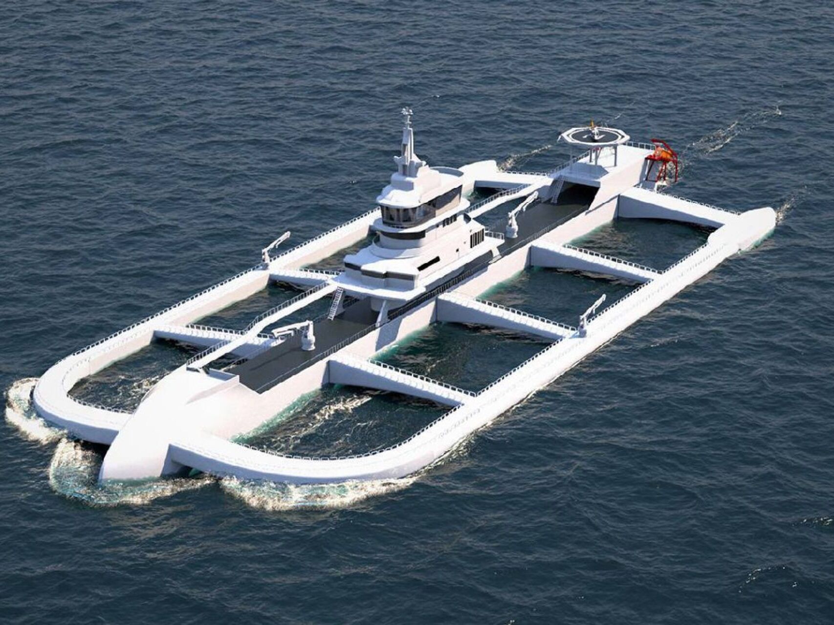 Ocean Ark 是一艘 170 米长的人工智能辅助低排放三体船，设计有自清洁铜鱼围栏，能够寻找最佳水域