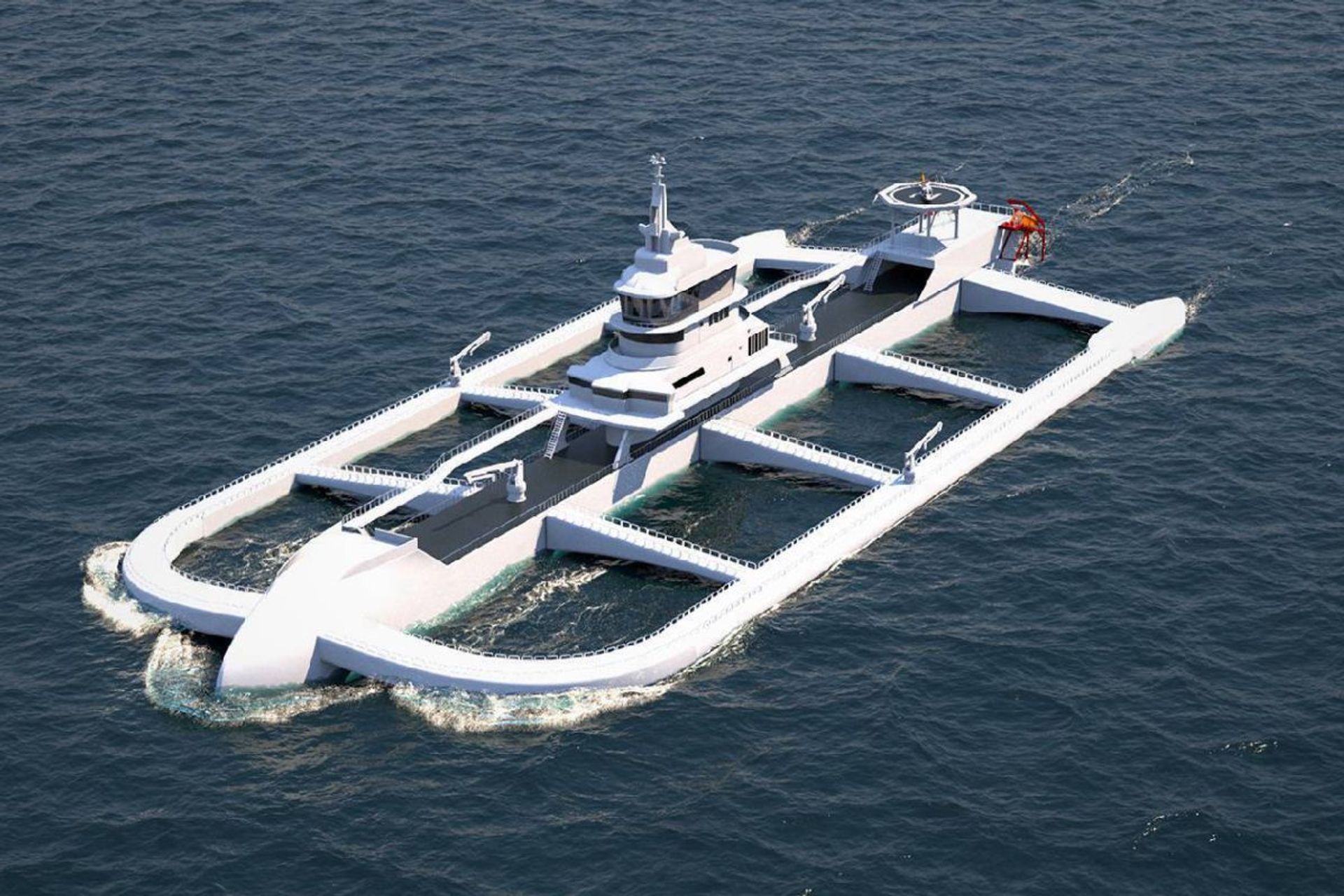 L'Ocean Ark est un trimaran à faibles émissions assisté par IA de 170 mètres de long, conçu avec des enclos à poissons en cuivre autonettoyants, capables de rechercher les meilleures eaux