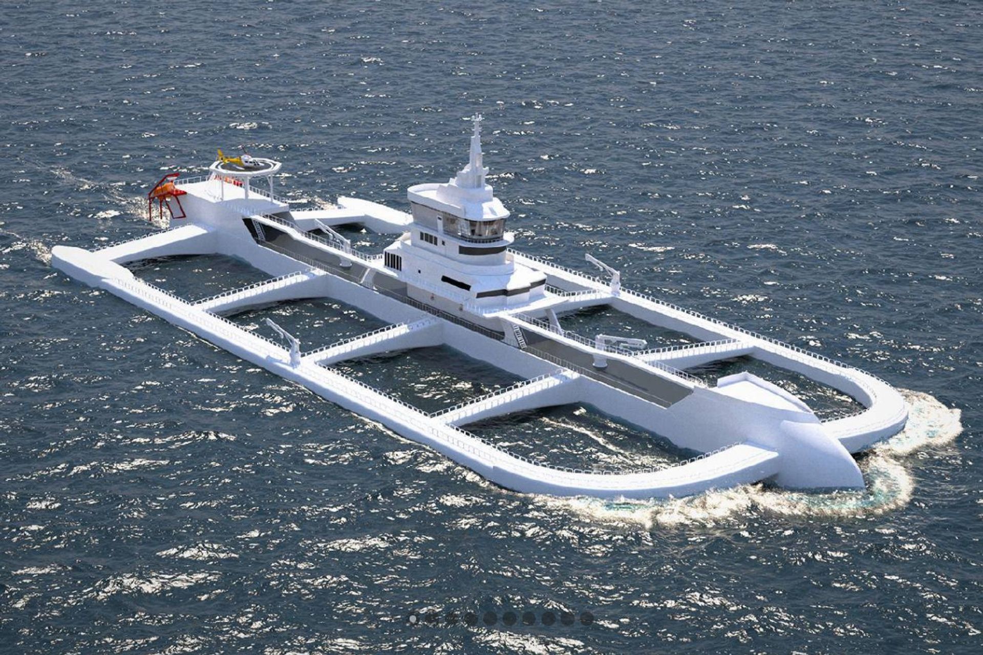L'Ocean Ark est un trimaran à faibles émissions assisté par IA de 170 mètres de long, conçu avec des enclos à poissons en cuivre autonettoyants, capables de rechercher les meilleures eaux