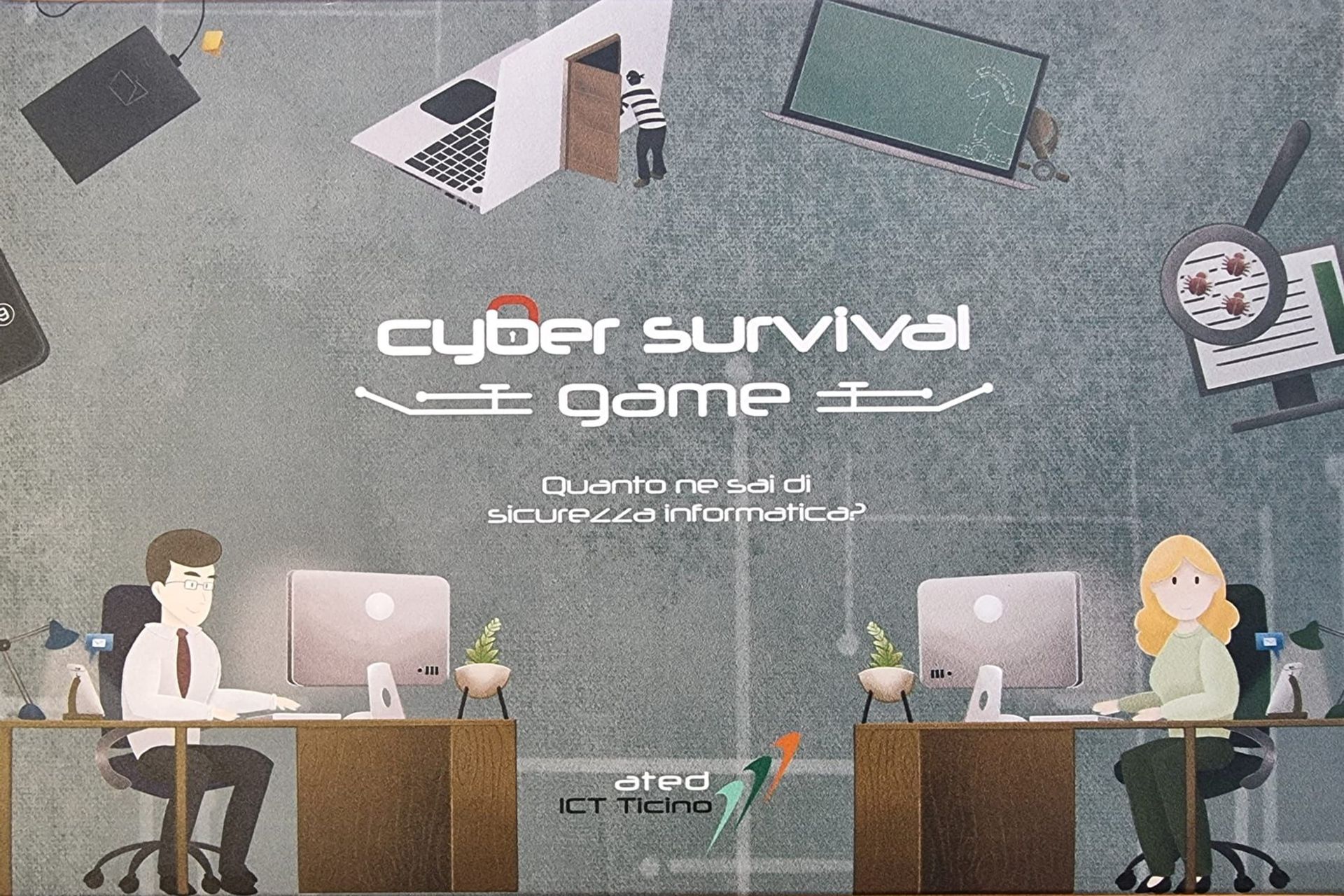 L'illustrazione di lancio del gioco da tavolo "Cyber Survival Game" di ated-ICT Ticino