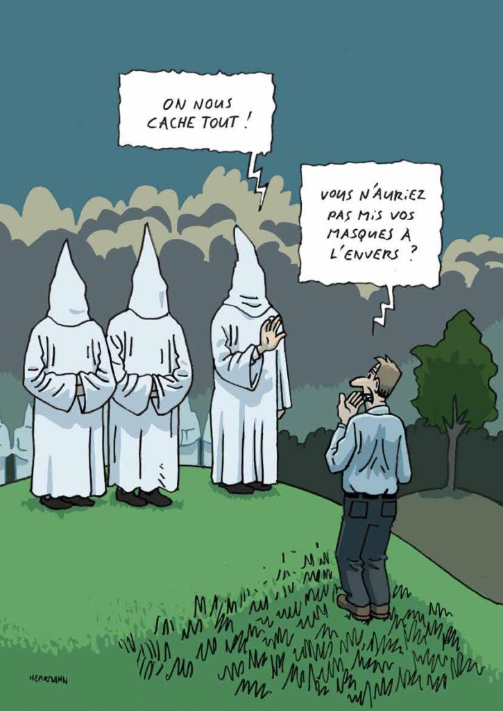 Una delle vignette riguardanti xenofobia, fake news e complottismo del numero 45-2021 della rivista della Commissione Federale contro il Razzismo della Svizzera