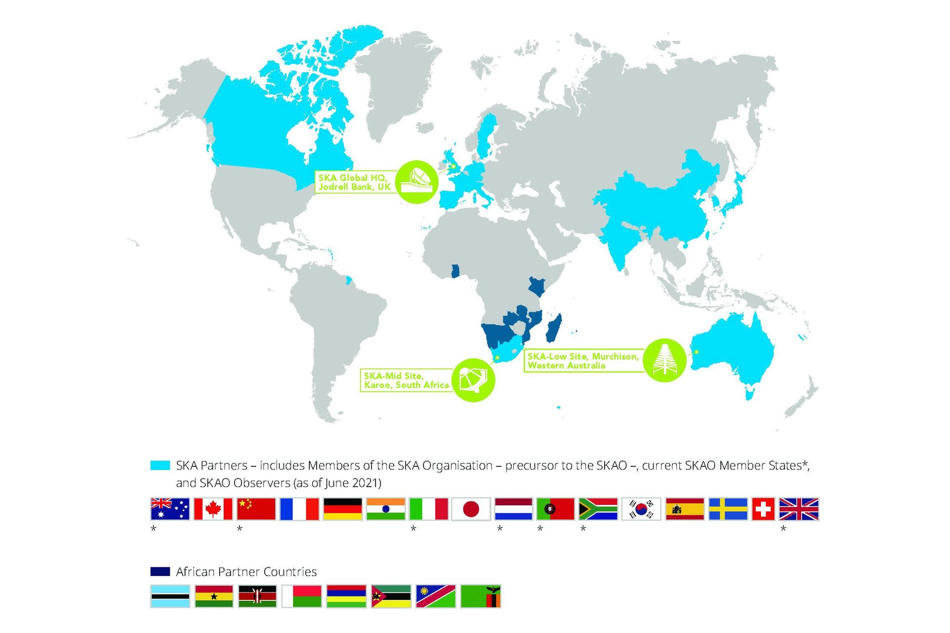 La mappa dei Paesi aderenti in varia forma al Consorzio SKAO nel giugno 2021