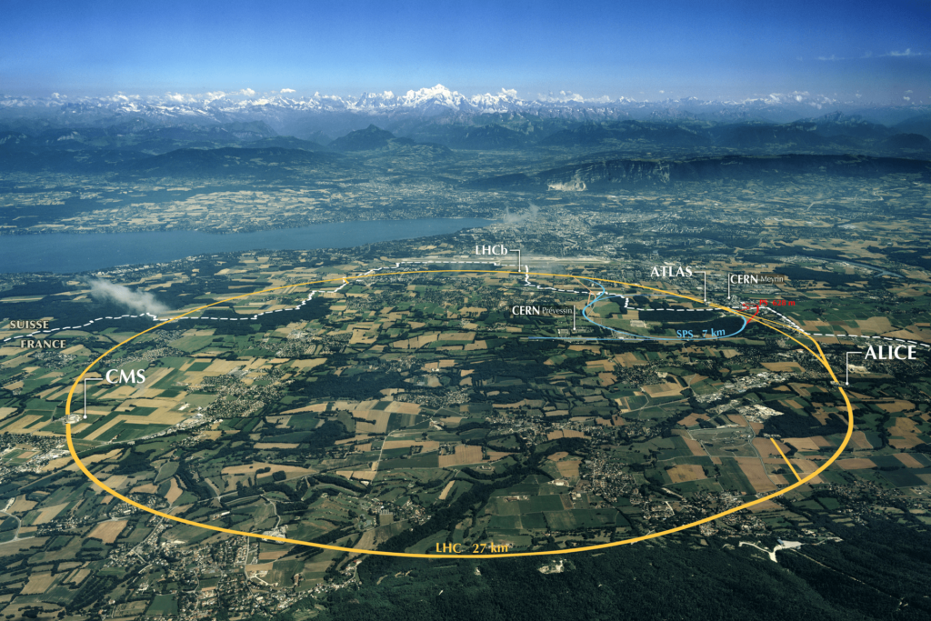Lo sviluppo dell'acceleratore di particelle del CERN, con i percorsi da 7 e 27 km, e il confine tra Svizzera e Francia