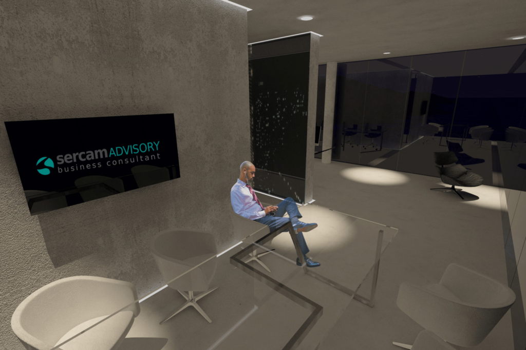 Lo screenshot di una stanza dell'ufficio virtuale 3D di Sercam Advisory realizzatoad Advepa