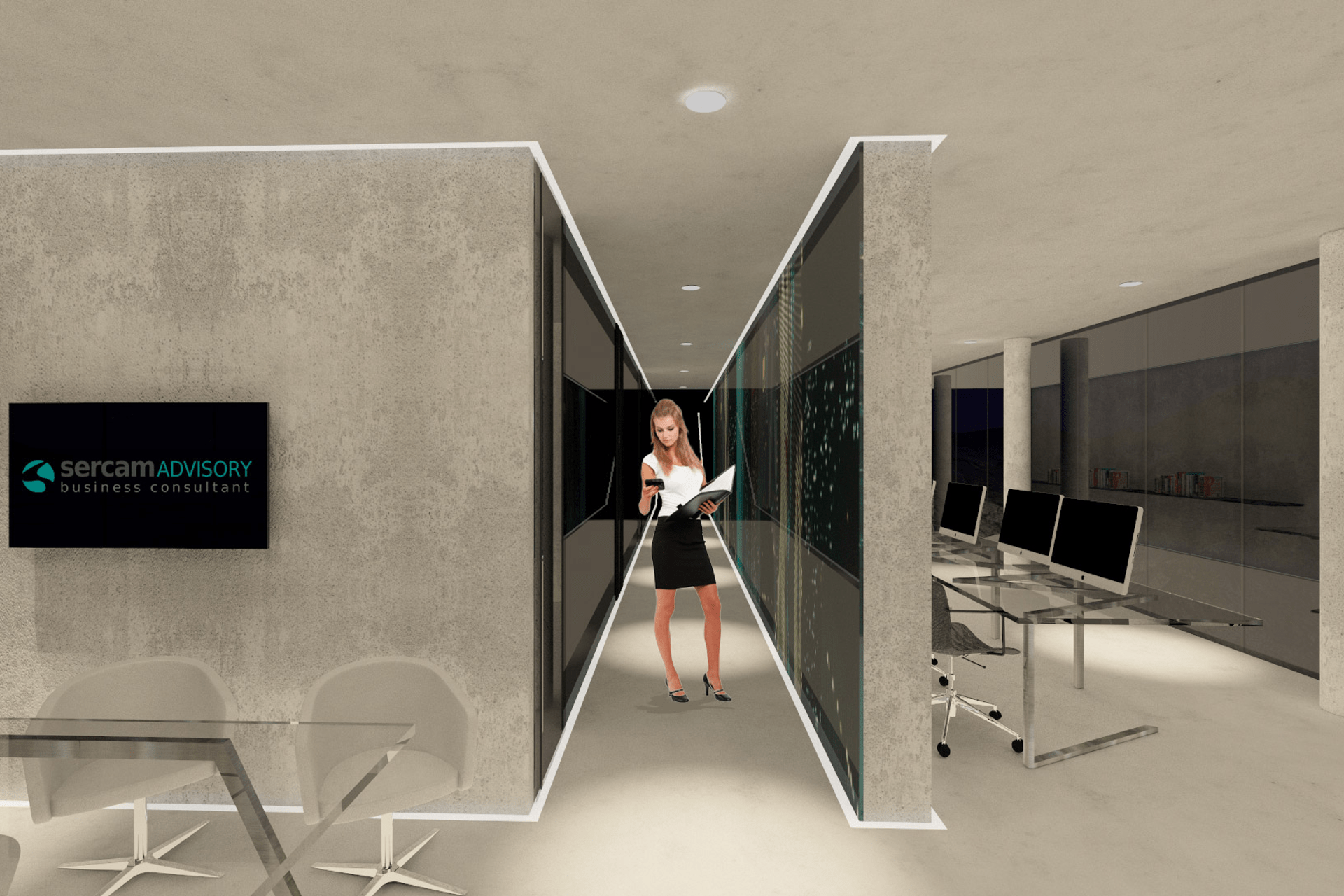 Lo screenshot di una stanza dell'ufficio virtuale 3D di Sercam Advisory realizzatoad Advepa