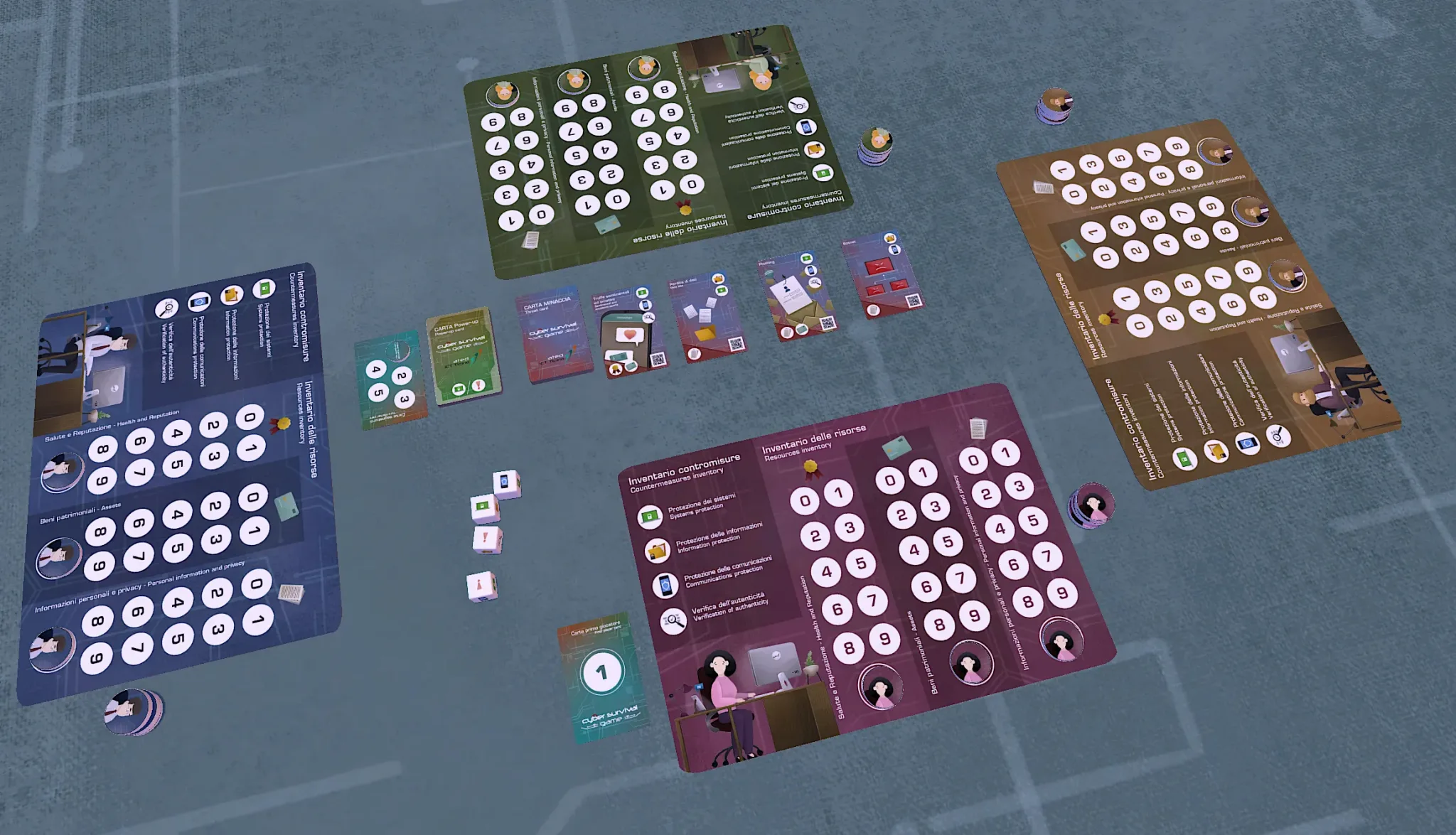Stolová hra „Cyber ​​​​Survival Game“, ktorú vytvorilo združenie ated-ICT Ticino, pomáha zábavným a stimulujúcim spôsobom simulovať pracovný týždeň plný rizík súvisiacich s počítačovou bezpečnosťou a elektronickými podvodmi: pracovné stanice hráčov.