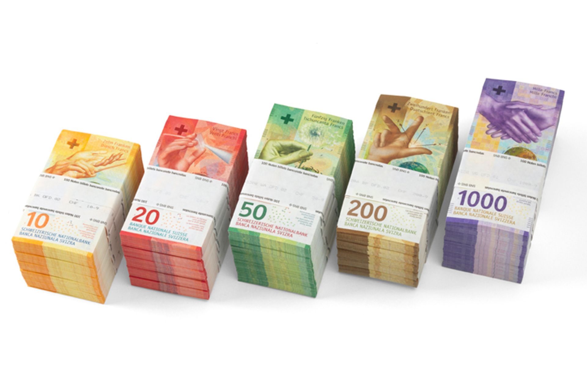 Mazzette di banconote svizzere da 10, 20, 50, 200 e 1000 franchi