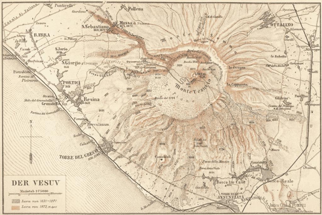Un'antica mapa del monte Vesuvio con indicazioni in lingua tedesca
