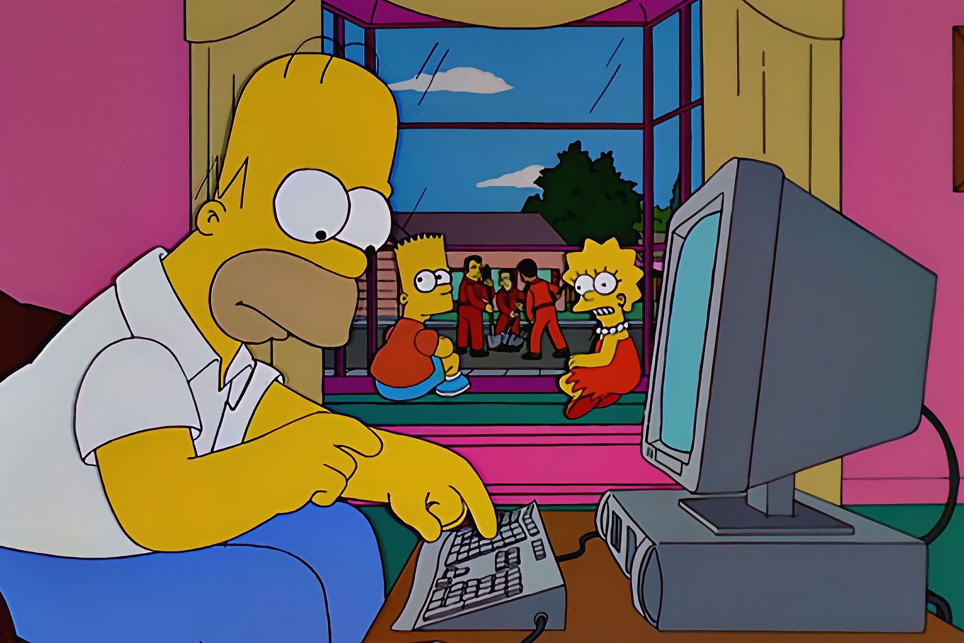 ASV multfilmu seriāla "Simpsoni" galvenais varonis Homērs Džejs Simpsons pie datora