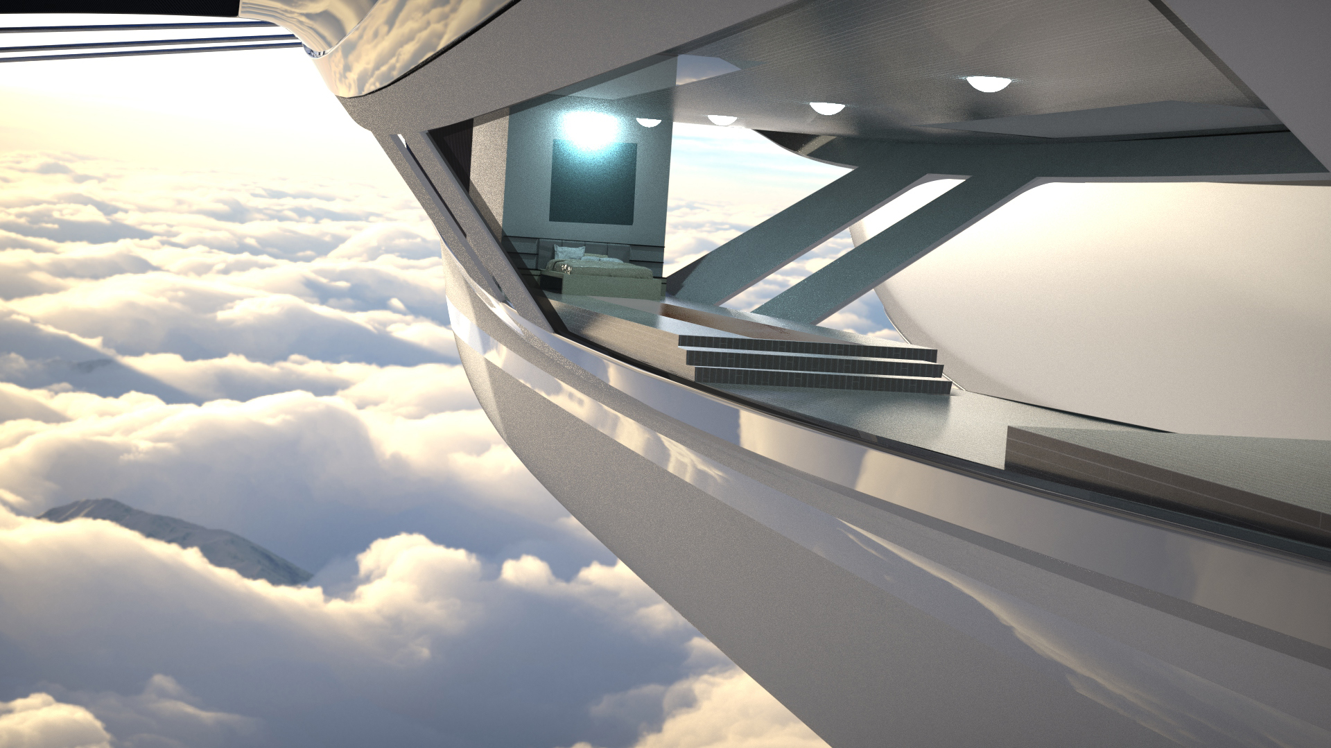 Il concept 'Sky Yacht' elaborato dallo studio Lazzarini Design per una mobilità aerea e acquatica sostenibile: la sezione centrale