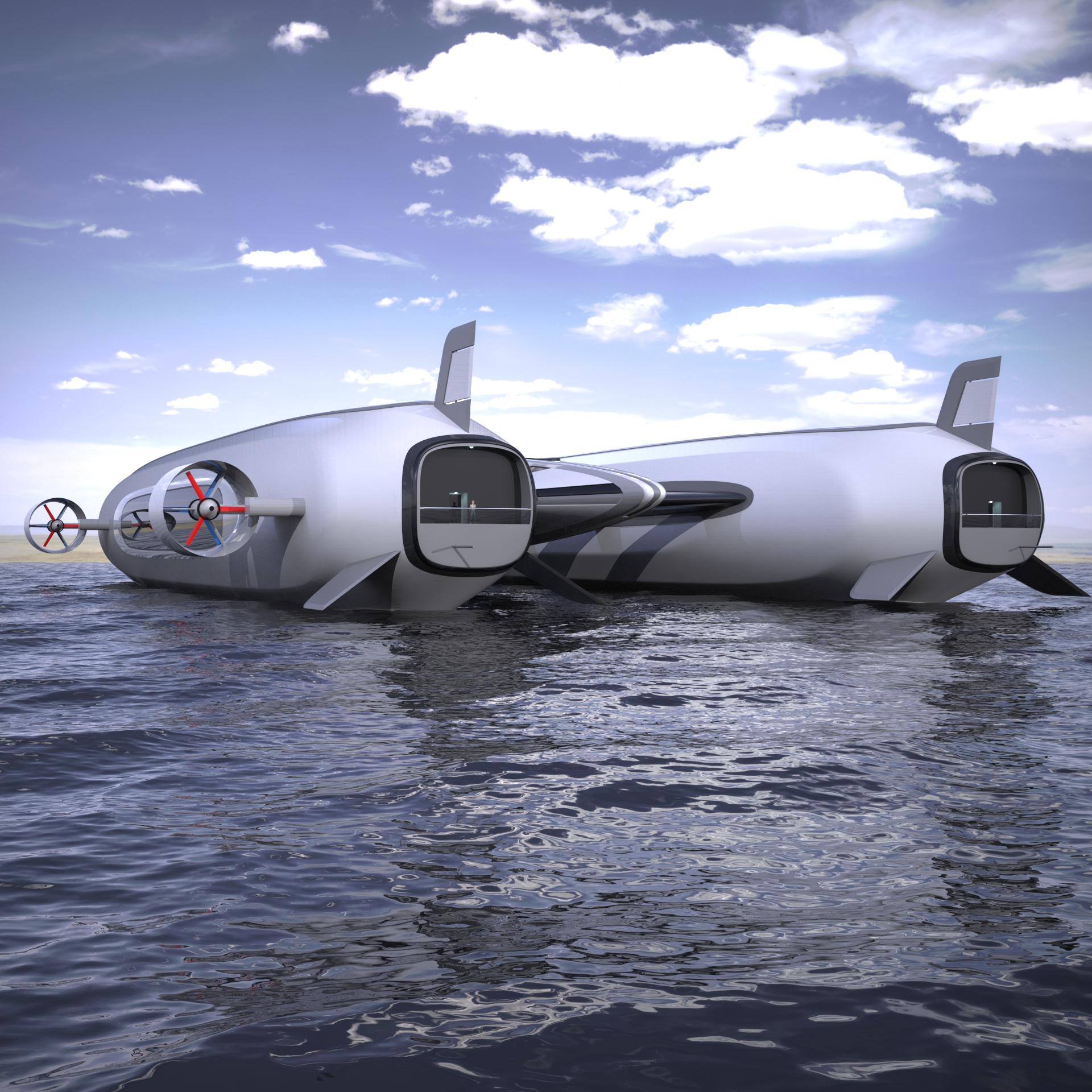 Il concept 'Sky Yacht' elaborato dallo studio Lazzarini Design per una mobilità aerea e acquatica sostenibile: in galleggiamento sull'acqua