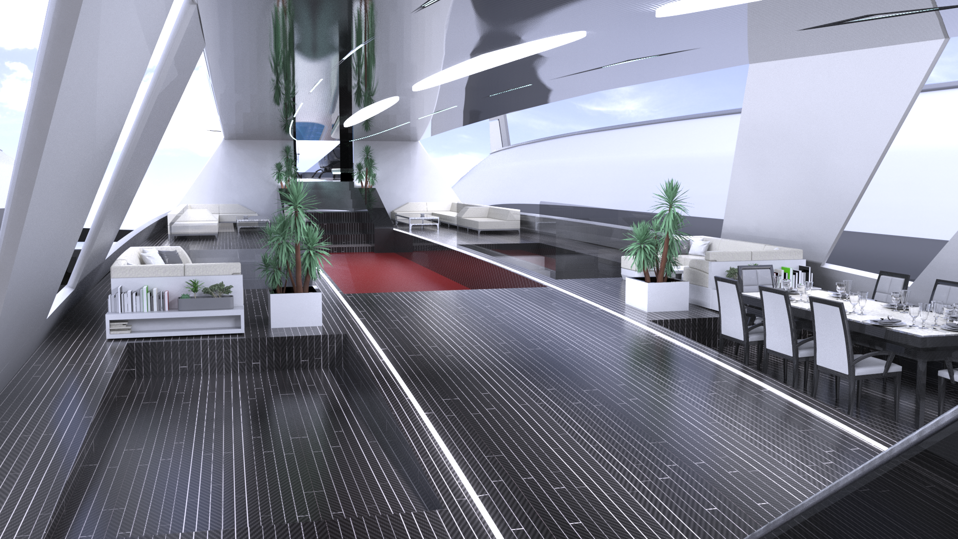 Il concept 'Sky Yacht' elaborato dallo studio Lazzarini Design per una mobilità aerea e acquatica sostenibile: la sala da pranzo della sezione centrale
