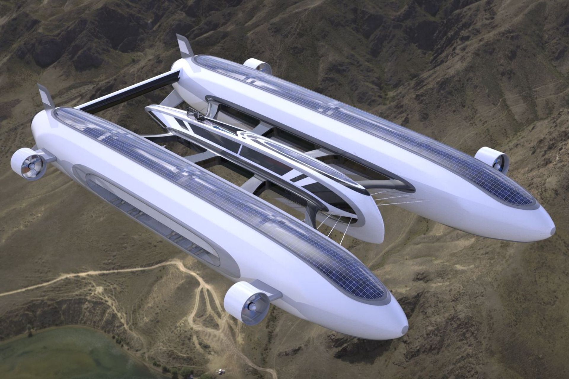 A „Sky Yacht” koncepció, amelyet a Lazzarini Design stúdió fejlesztett ki a fenntartható légi és vízi mobilitás érdekében