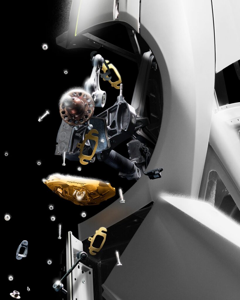 Īstais un digitālais darbs "Space Time Memory", ko veidojis Šveices mākslinieks Fabians Oefners ar Lamborghini Aventador Ultimae atsevišķām sastāvdaļām.