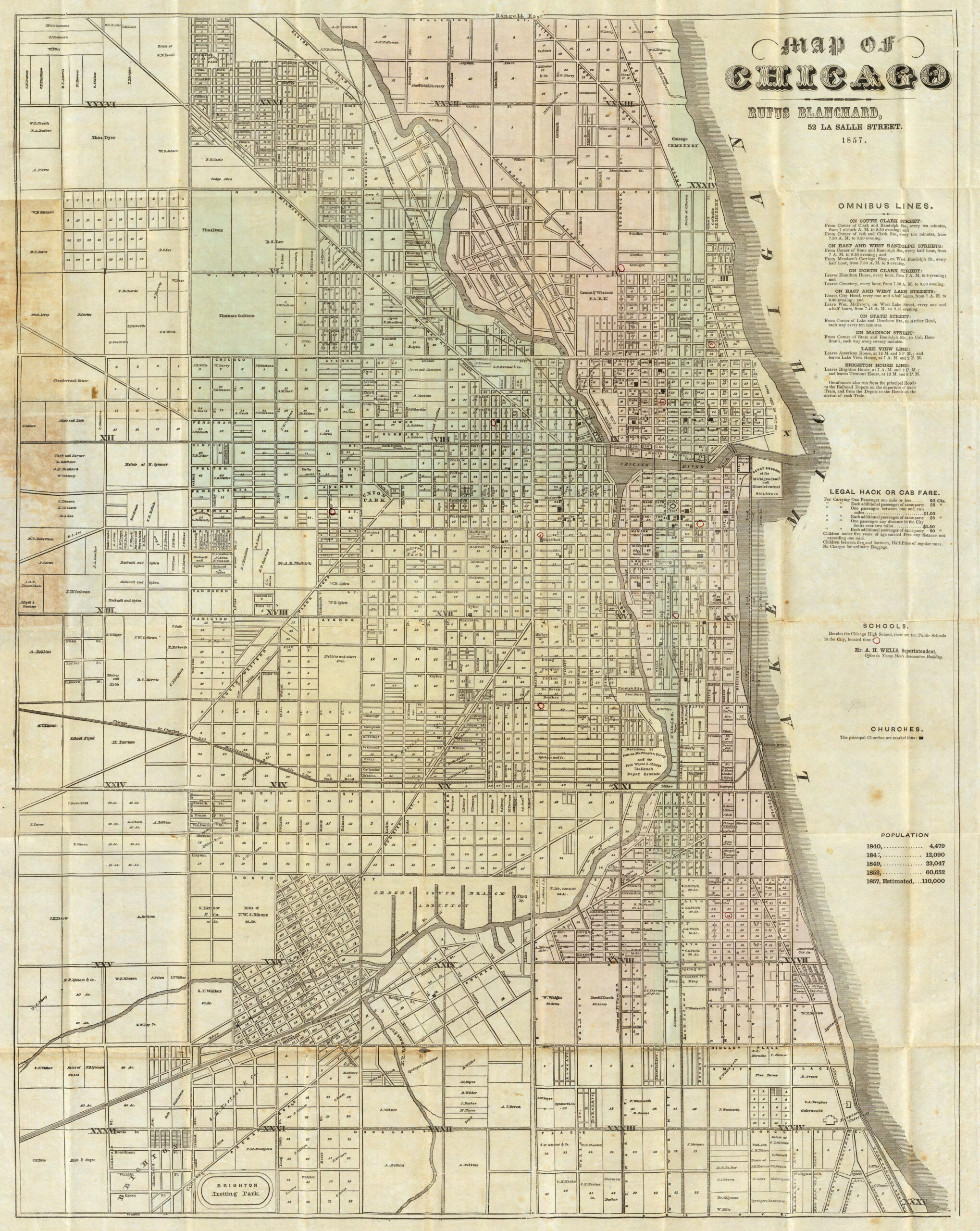 Una mappa della città di Chicago risalente al 1857: isolati o "blocks" della superficie di 80, 40 e 10 acri (un acro USA è un rettangolo di 660 piedi di lunghezza per 66 di larghezza) stabiliscono una griglia stradale che va dalla periferia al centro, stabilendo una partizione del territorio via via più fine