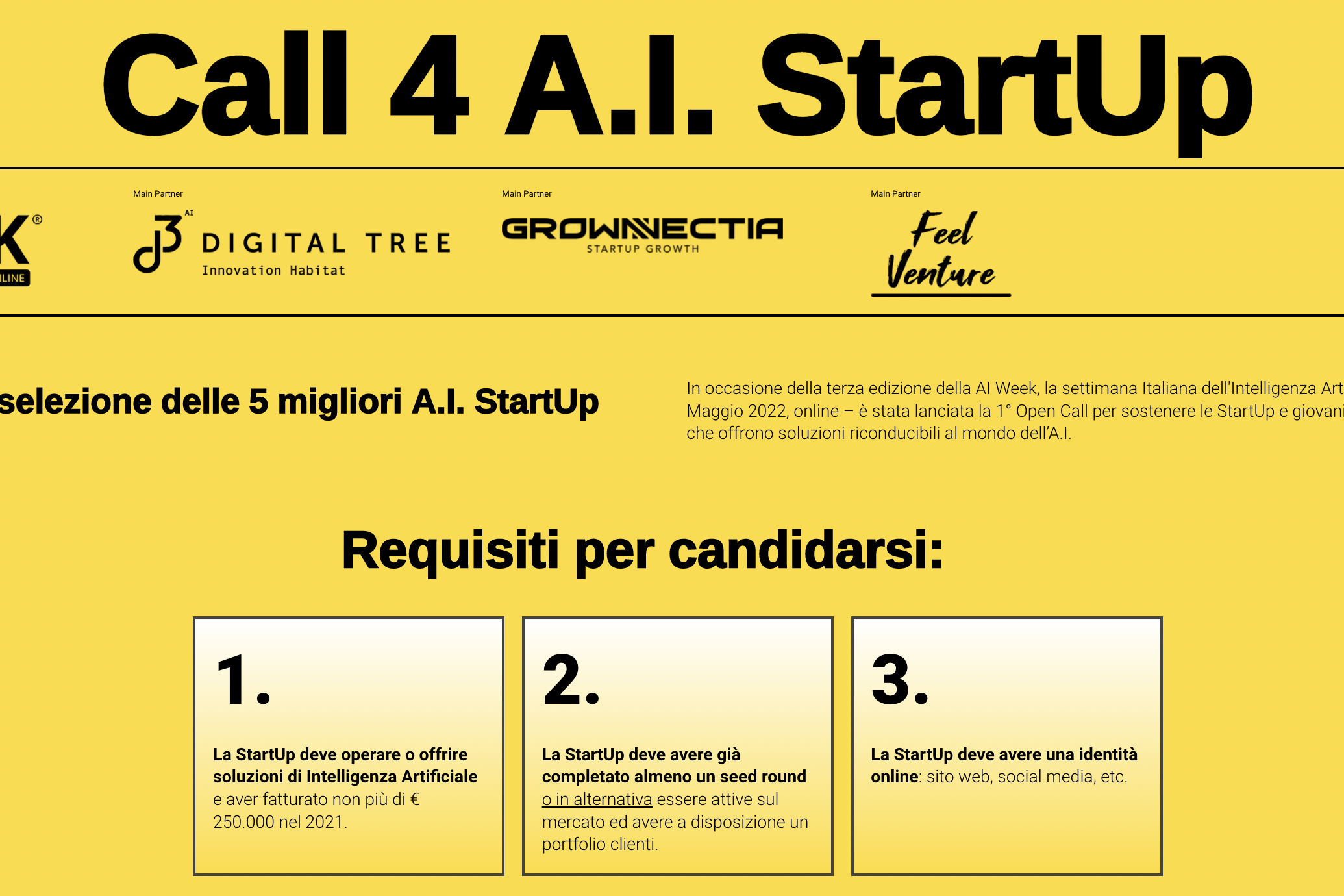 I 3 requisiti per candidarsi alla “Call 4 A.I. Startup” nell'ambito dell'edizione 2022 della 