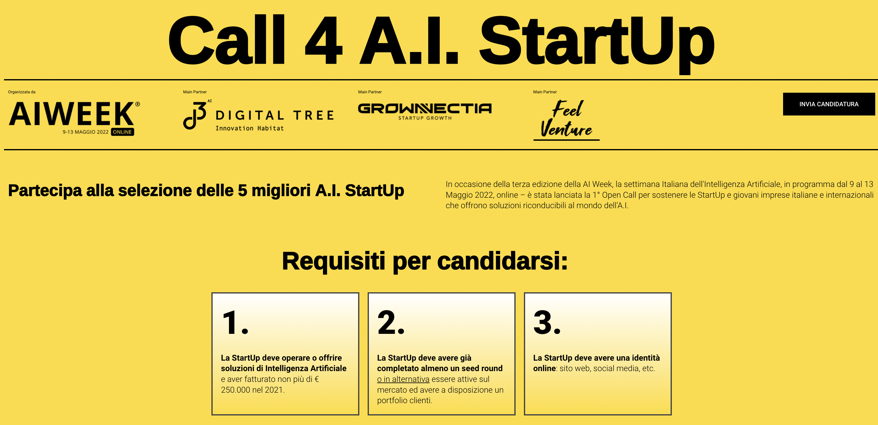 I 3 requisiti per candidarsi alla “Call 4 A.I. Startup” nell'ambito dell'edizione 2022 della "AI Week"
