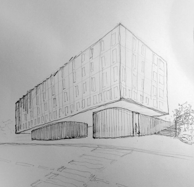I primi schizzi del nuovo campus della Franklin University a Sorengo (Ticino) (Disegno: Flaviano Capriotti Architetti)