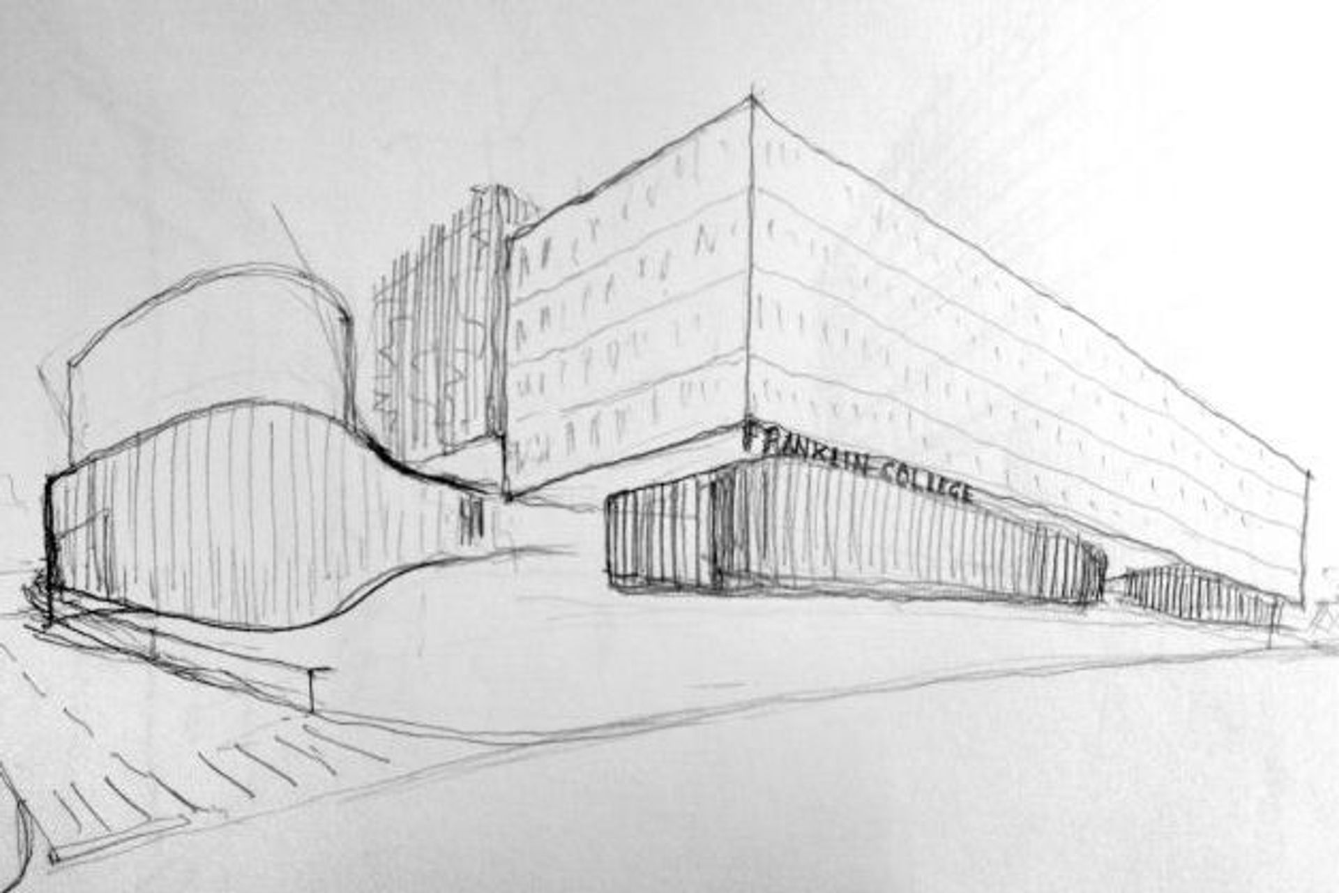 I primi schizzi del nuovo campus della Franklin University a Sorengo (Ticino) (Disegno: Flaviano Capriotti Architetti)