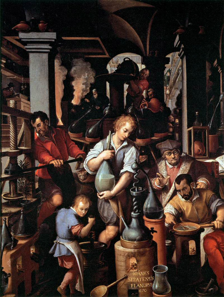 "Laboratori i Alkimistit" nga Giovanni Stradano, i vendosur në Studiolo të Francesco I në Palazzo Vecchio në Firence