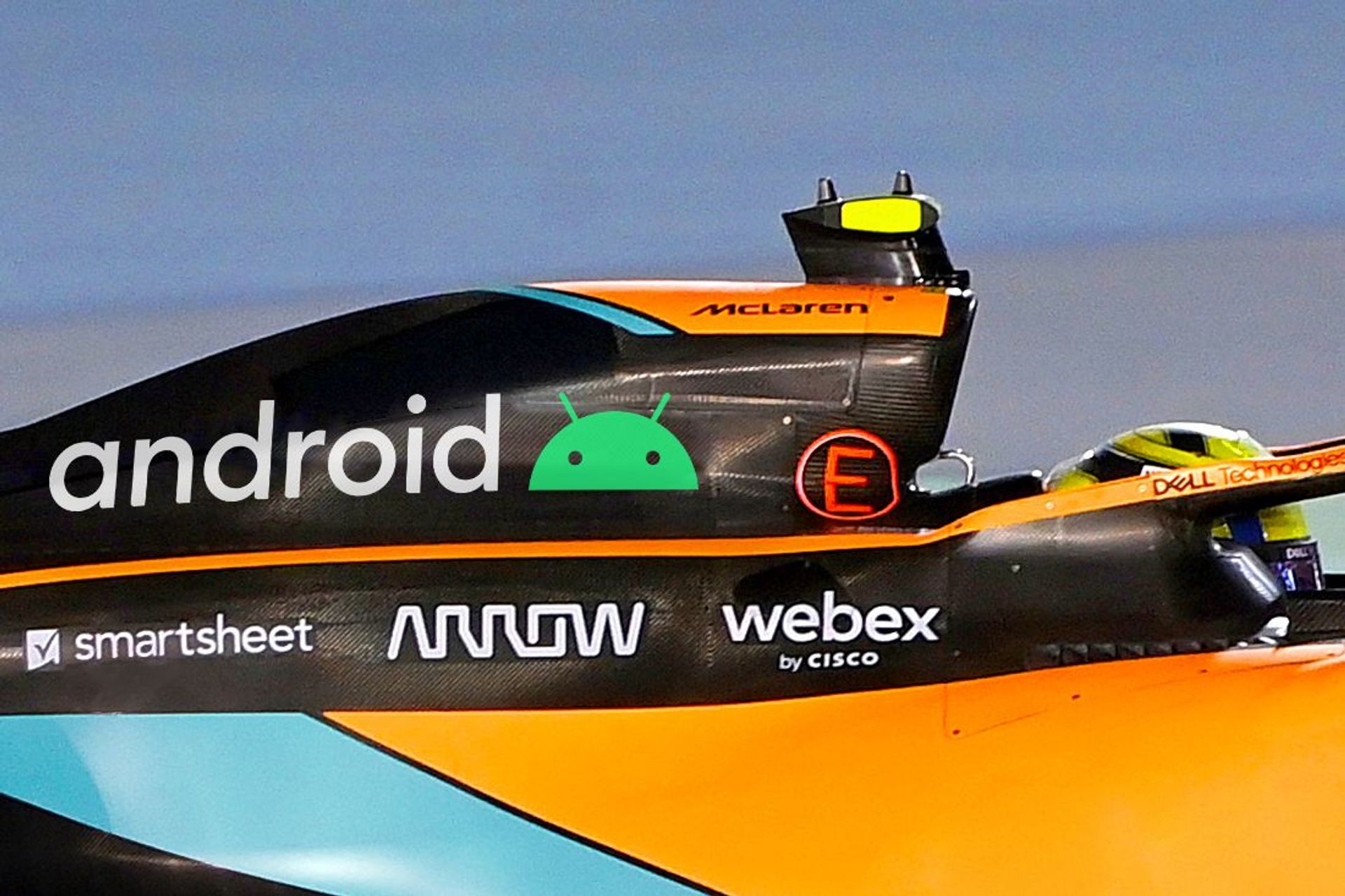 Il logotipo e il marchio Android, appartenenti a Google, sul cofano motore della MCL36-Mercedes di Formula 1