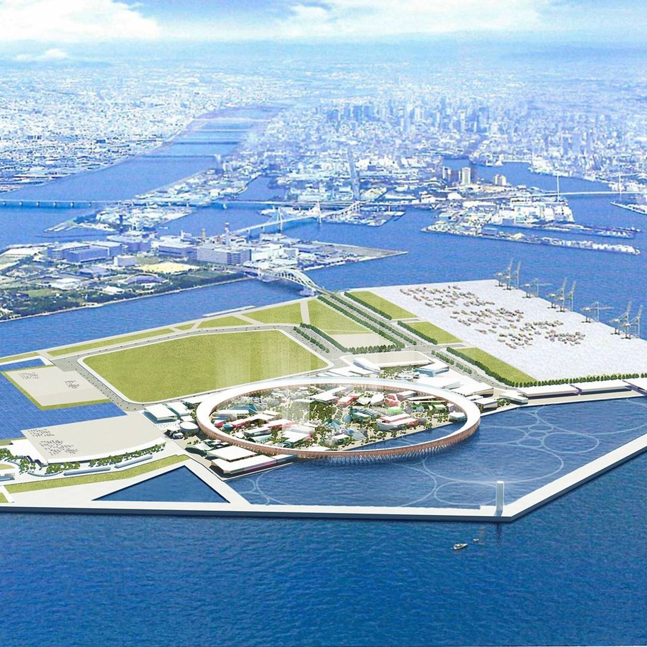 Il rendering dell'area destinata ad accogliere l'Esposizione Universale di Osaka (Giappone) del 2025
