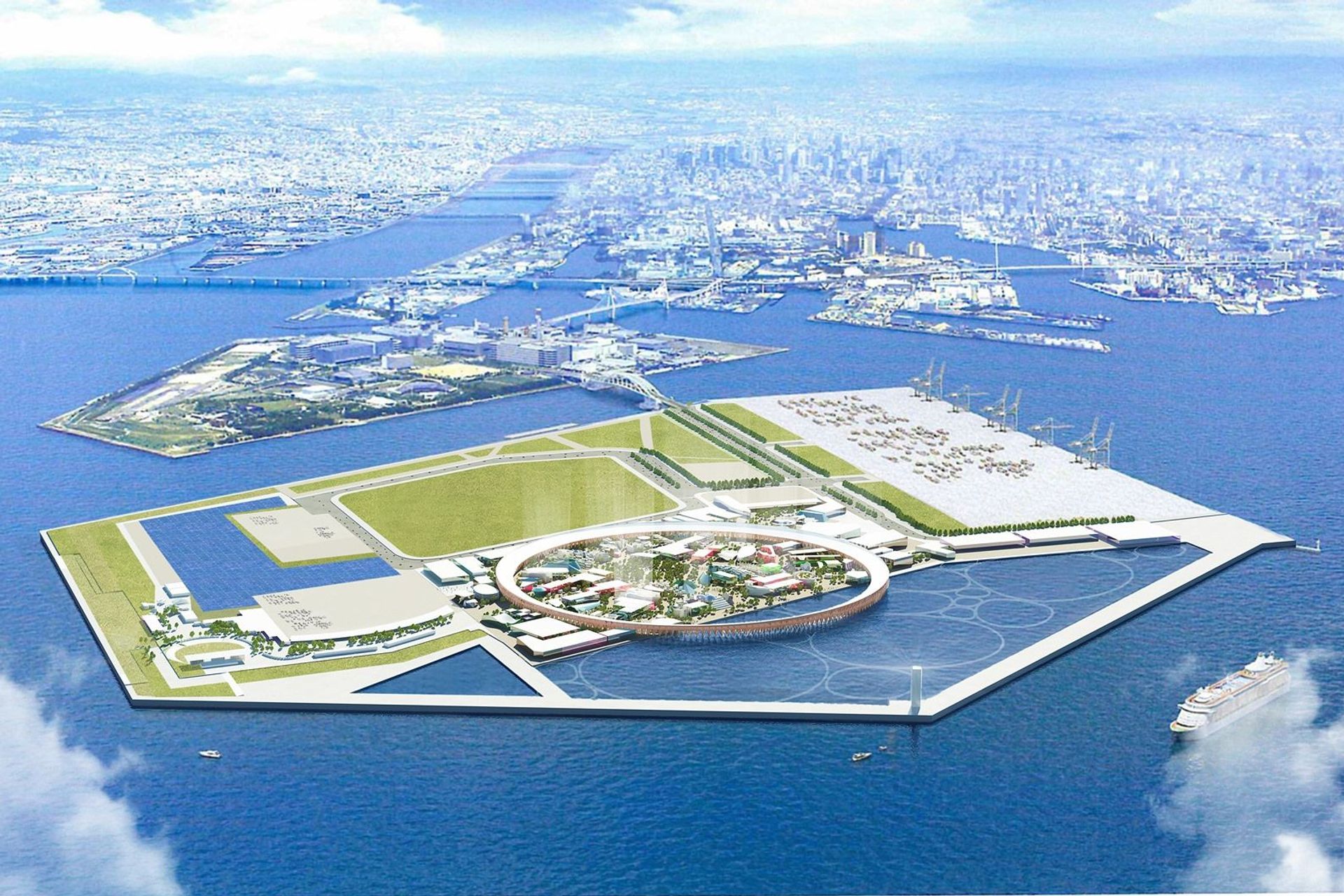 Il rendering dell'area destinata ad accogliere l'Esposizione Universale di Osaka (Giappone) del 2025