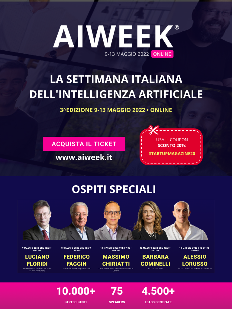 La página de prensa y el cartel de la "Semana AI - Semana italiana de inteligencia artificial"